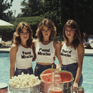 Color film photograph from 1975 of three beautiful 23-year-old w...