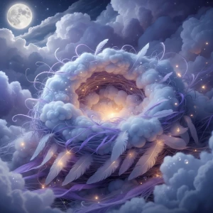 A close-up, dreamy, and peaceful image of a magical nest, emphas...