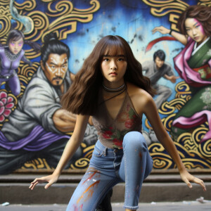 teenage girl, long brown hair and bangs, wearing tight skinny jeans and a halter top paint marks on her clothing, heroic pose Asian graffiti background, nearing on one knee