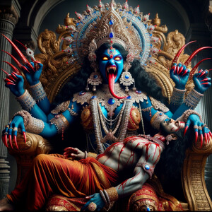 portrait of extremly angry looking goddess kali, blue skinned, s...