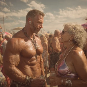 A muscular, beefy, sweaty, dangerous American criminal man talki...