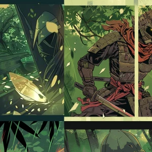 Knight
Three-panel comic story: 1) A stoic robotic Ninja practic...