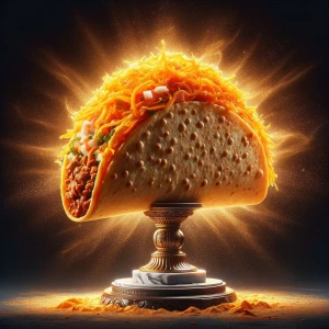 Create an image of a giant taco with a bright orange shell. Sitt...
