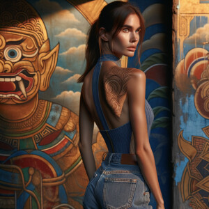 Athletic Thin skinny Attractive, Asian teenage girl, long brown hair and bangs, wearing tight skinny jeans and a halter top paint marks on her clothing, heroic pose Asian graffiti background, backside view