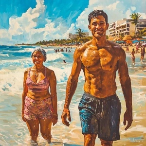 A toned young Indian man, glistening with sweat, enjoys a vibran...