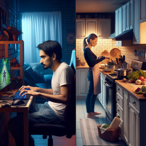 Create a scene depicting the fourth frame. Show the interior of...