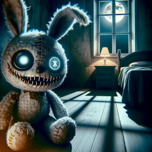 “Disturbing stuffed toy rabbit with one glowing eye, stitched sm...