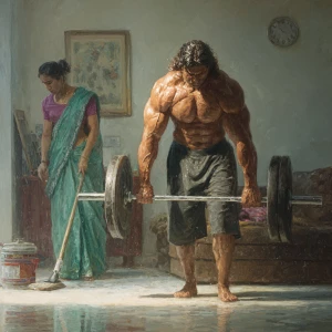 Hyperrealism ,a indian muscular beefy sweaty man exercising i...