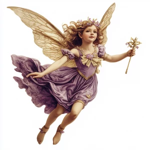 A young fairy flying with a golden wand in her hand. Her clothin...
