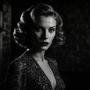 Generate an image of a femme fatale portrayed as a mesmerizing a...