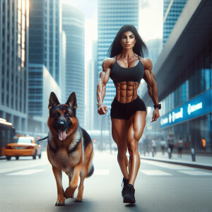 A strong, muscular woman striding confidently through the bustli...