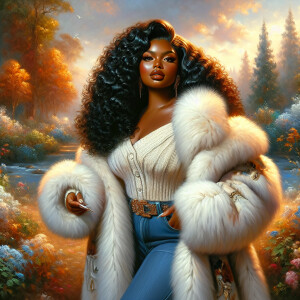 Craft a 4K glossy oil painting portraying a regal, plus-size Afr...