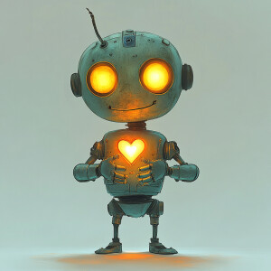 A whimsical robot with a bright, glowing heart held in its hands...