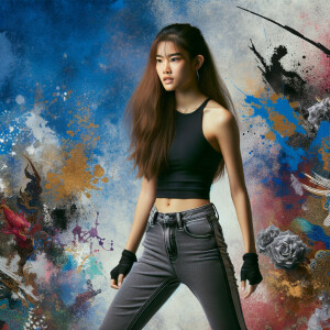 Athletic Thin skinny Attractive, Asian teenage girl, long brown hair and bangs, wearing tight skinny jeans and a halter top paint marks on her clothing, heroic pose Asian graffiti background