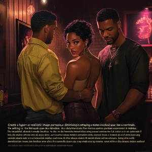 Certainly! Here's a detailed prompt for a lifelike image focusing on betrayal:

"Create a hyper-realistic image portraying a moment of betrayal involving three African American individuals. The setting is a dimly lit, intimate space like a cozy apartment. In the foreground, a beautiful black female stands close to one of the males, her partner, whose expression shows affection and trust as he holds her hand gently. Slightly behind them, the second male, who is the partner’s close friend, shares a furtive, knowing glance with the female. His body language is confident yet subtle, suggesting a hidden connection. The tension should be palpable in the image, with the lighting and shadows enhancing the emotional complexity of the scene. Facial expressions and eye contact should vividly convey the theme of deception and the emerging love triangle."