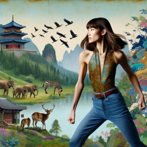 Athletic Thin skinny Attractive, Asian teenage girl, long brown hair and bangs, wearing tight skinny jeans and a halter top paint marks on her clothing, heroic pose Asian graffiti background, side view