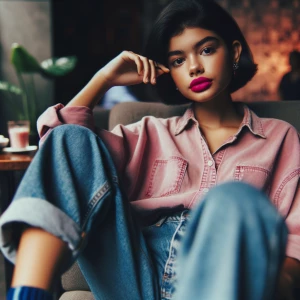 a girl laying n a chair with pink lips and wearing a short jeans