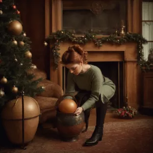 A 45-year-old woman with ginger hair in a ponytail, wearing an u...