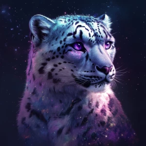 Generate an ultra-realistic image of a snow leopard infused with a cosmic theme; its fur should artfully incorporate celestial patterns like stars and nebulas, and it should have luminous purple eyes that stand out.