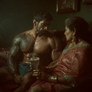Realism, photo painting.a muscular beefy sweaty tattoed indian m...
