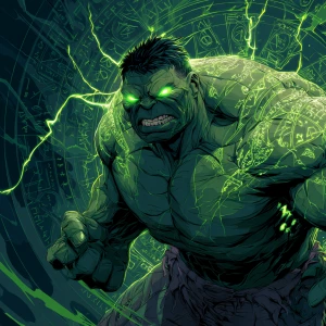 Graphic-style full-body illustration of the Incredible Hulk, sta...