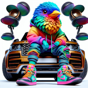 Create a colorful/psyscadelic character of big bird wearing a Ni...