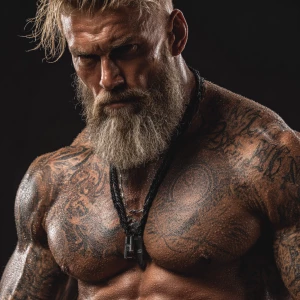 A muscular male bodybuilder with blonde hair and a beard, his bo...