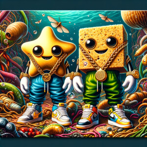 Action painting hip hop Patrick Star and Sponge Bob wearing a ur...