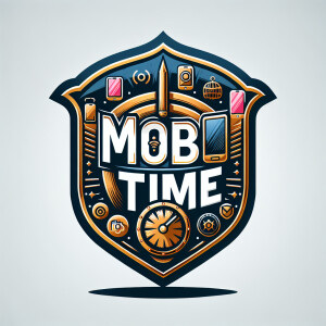 Create a realistic logo with the text "MOBI TIME" and a picture...