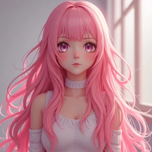 photo realistic image of a girl with long pink hair