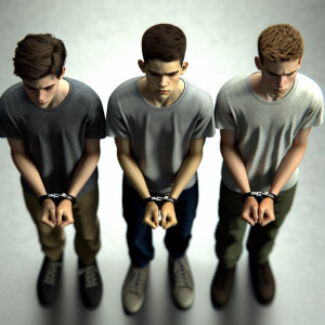 3 male Caucasian teenagers about 14 years old. walk. (((All thre...