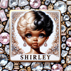 Design a square-shaped tag with the name “Shirley' in bold, eleg...