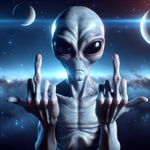 E.T  holidind up the middle finger on both hands,ultra-detailed...
