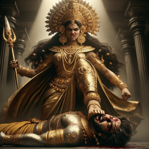 portrait of angry looking goddess durga has her foot on a defeated mahishasur. She is wearing gold armor, a huge gold crown, gold saree, abundant  gold jewelry, covered in blood. Mahishasur laying on ground dead. The scene is set in ancient India. The image is 8K resolution, photography, cinematic, ultra detailed face and epic