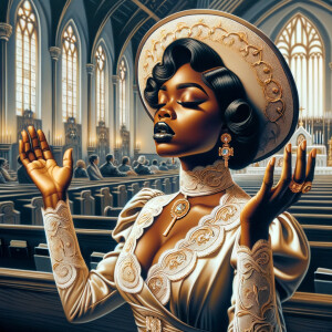 Render an airbrush oil painting of an African American woman with flawless makeup
kneeling at a church altar, her hands raised in a gesture of surrender to God. She's
dressed in stylish Sunday Best attire, with a particular focus on the delicate details of
her Church Hat. The background features a beautifully painted church interior, with the
oil paint texture enhancing the sacred atmosphere. The artwork should capture the
woman's devout expression, the elegance of her attire, and the spiritual ambiance of
the church setting, reflecting a moment of deep faith and devotion.