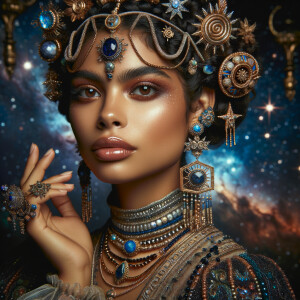 "Create a portrait of a regal  latino woman with an ethereal and cosmic theme. Her skin is a glossy light tan brown, with a smooth and flawless finish that reflects light. Her eyes are a striking hazel brown, like sapphires, with a makeup that accentuates their shape and the intensity of their color. Her hair is styled into an intricate array of braids, coils, and twists that cascade down and frame her face, adorned with beads and jewels that catch the light. She wears an elaborate headdress made of swirling patterns and motifs that evoke the mysteries of the universe, studded with shimmering stones and intricate enamel work in hues of blue and gold. Her attire consists of a cascade of layered necklaces and a majestic, shoulder-grazing earring, each piece detailed with a mix of precious stones, metals, and intricate beadwork. The background is a tapestry of stars and nebulas, suggesting a connection to the cosmos. Her pose is serene, with a hand gracefully touching her chin, adorned with rings that complement her other jewelry, all coming together to suggest an aura of wisdom and grace."