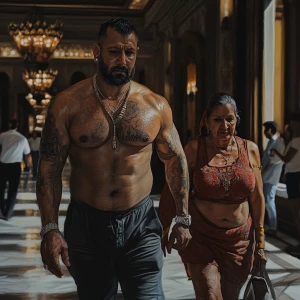 Photorealism,.A sweaty beefy man walking with his 54 year old ka...