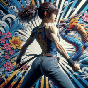 Athletic Thin skinny Attractive, Asian teenage girl, long brown hair and bangs, wearing tight skinny jeans and a halter top paint marks on her clothing, heroic pose Asian graffiti background, backside view