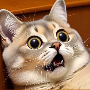 Generate An shocked cat with a funny face in meme style