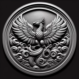 Design a high-contrast grayscale bas relief of a phoenix with wi...