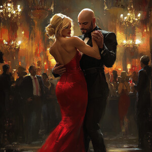 A tall, muscular, bald man dressed in a sleek black tukedo and a...