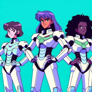1990s anime screencap, three girls a plugsuit, standing with han...