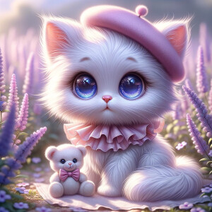 Imagine an adorable, fluffy kitten with an exaggerated, cartoon-...