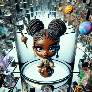 Bird’s-eye view, realistic digital art of a glamorous chibi-styl...