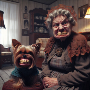 Whimsical  old lady sitting in her living room. Her expression s...