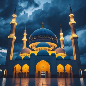 Create an image of a majestic mosque with its towering structure...
