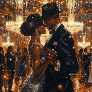 Illustrate an Afrocentric couple in glamorous flapper attire, da...