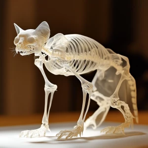 Generate a hyperrealistic image of an ethereal cat skeleton that...