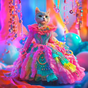 Describe the image featuring a cat adorned in a brightly pink an...
