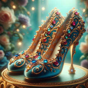 Imagine a pair of enchanting shoes, each a mirror image of the other, placed gracefully upon a regal surface. They are bathed in the soft, diffuse light that casts gentle reflections upon their silk fabric. These shoes are no ordinary footwear; they are a masterpiece of vibrant royal blue, adorned with ornate golden filigree and a multitude of glittering jewels in various hues—rubies, sapphires, emeralds, and delicate pink diamonds. Each shoe boasts an elegant, curved heel in a matching vivid blue, with tiny red and blue gems accenting the base. The shoes are positioned against a backdrop of soft-focus flowers, their pastel colors complementing the rich tones of the shoes, with hints of gold framing providing a touch of opulence. This image captures the essence of a fairy tale brought to life, a visual symphony of color and splendor.